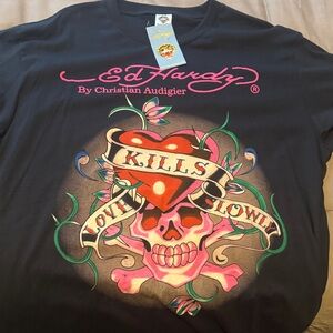 Ed Hardy Black Tee with Red Heart and Skull Design